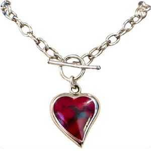 TAXCO Sterling Silver Red Jasper Heart Charm Rolo Bracelet